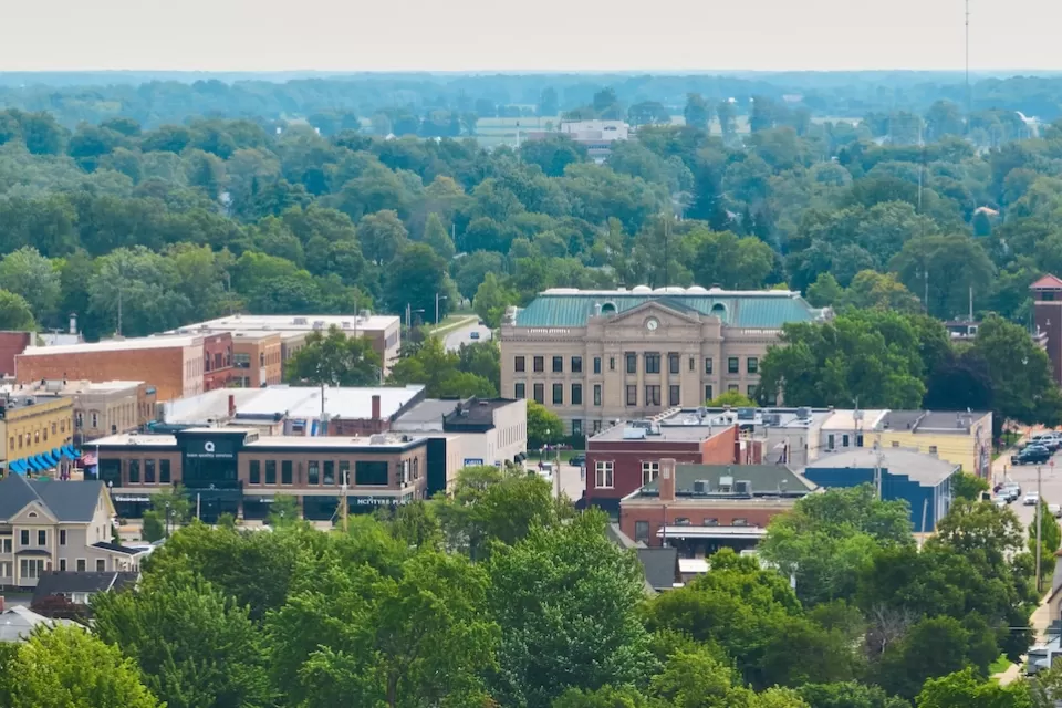 Aerial view of DeKalb County Courthouse and surrounding area in Auburn, Georgia.